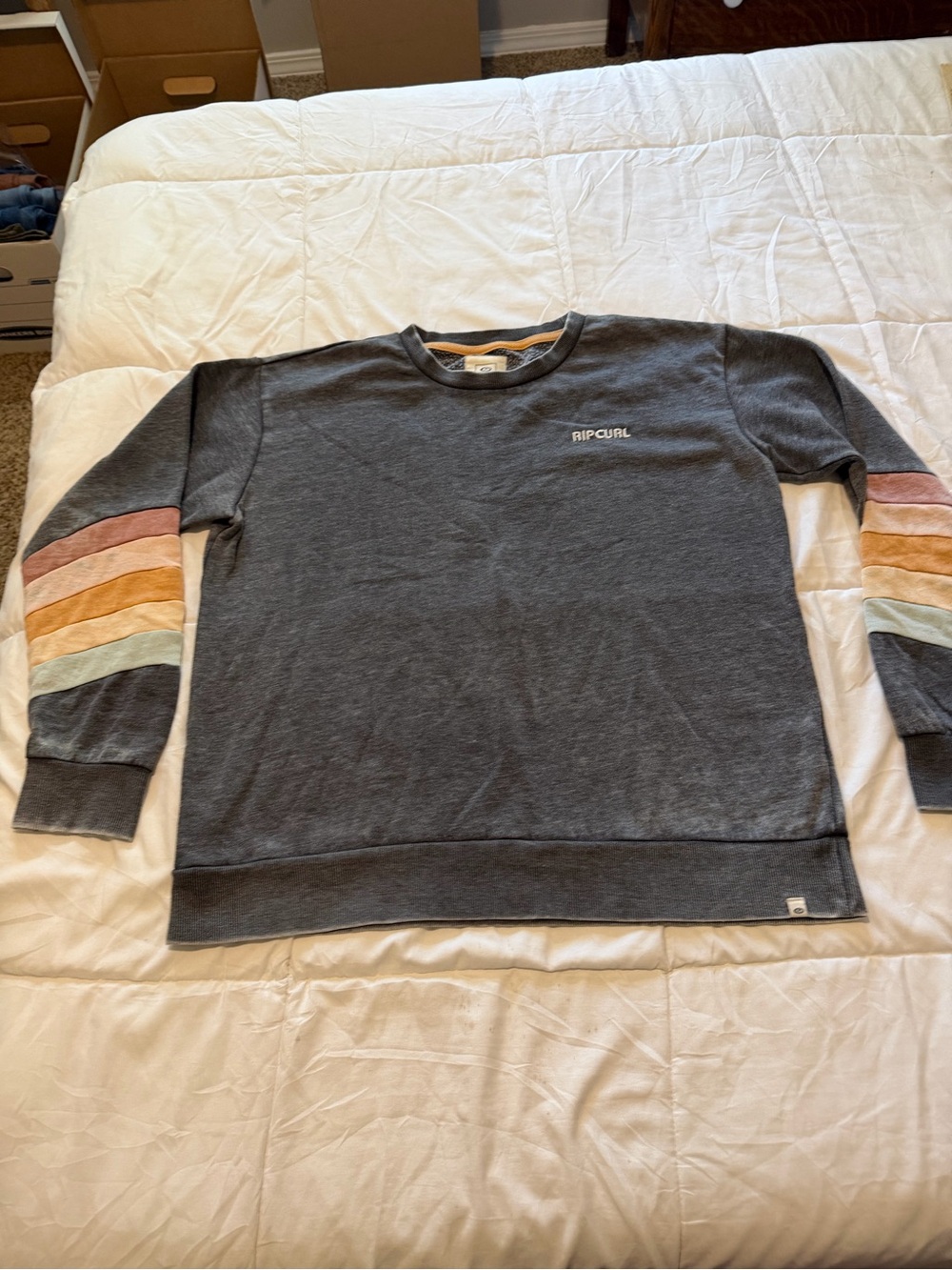Rip Curl Dark Gray Crewneck Sweatshirt with Pastel Sleeve Stripes
